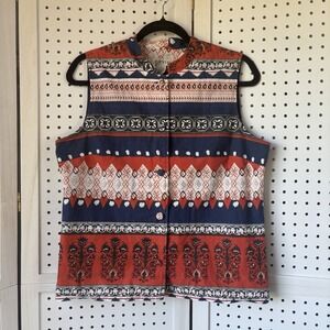 Orvis Cotton Vest Blue Orange Aztec Western All Over Print Button Women's Small